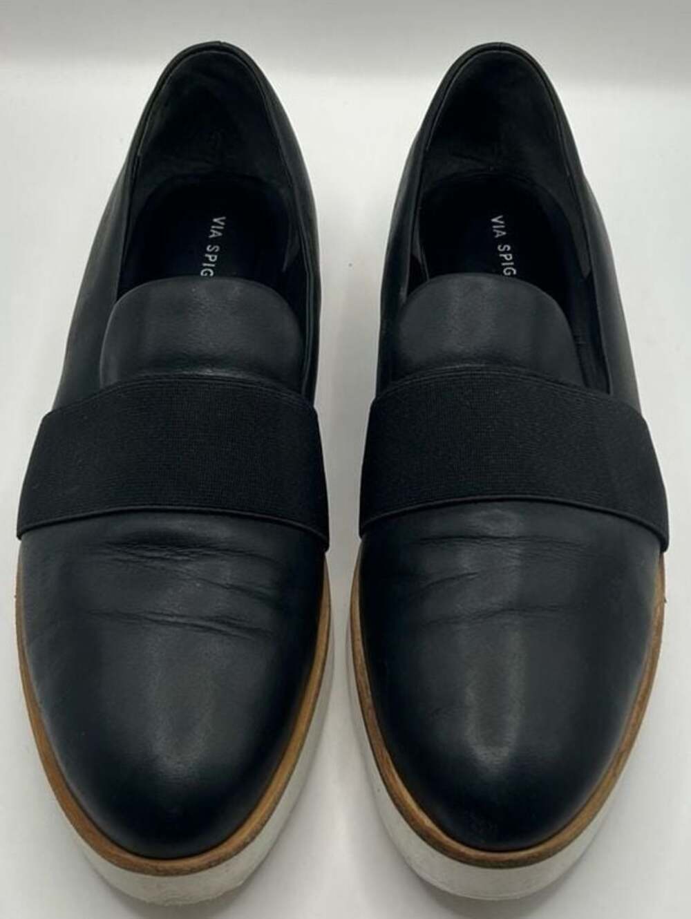 Via Spiga Gaze Black Leather Elastic Band Platform Slip-On Sneakers Size 6.5M